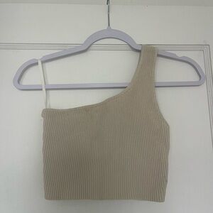 One-Shoulder Ribbed Crop Top in Beige